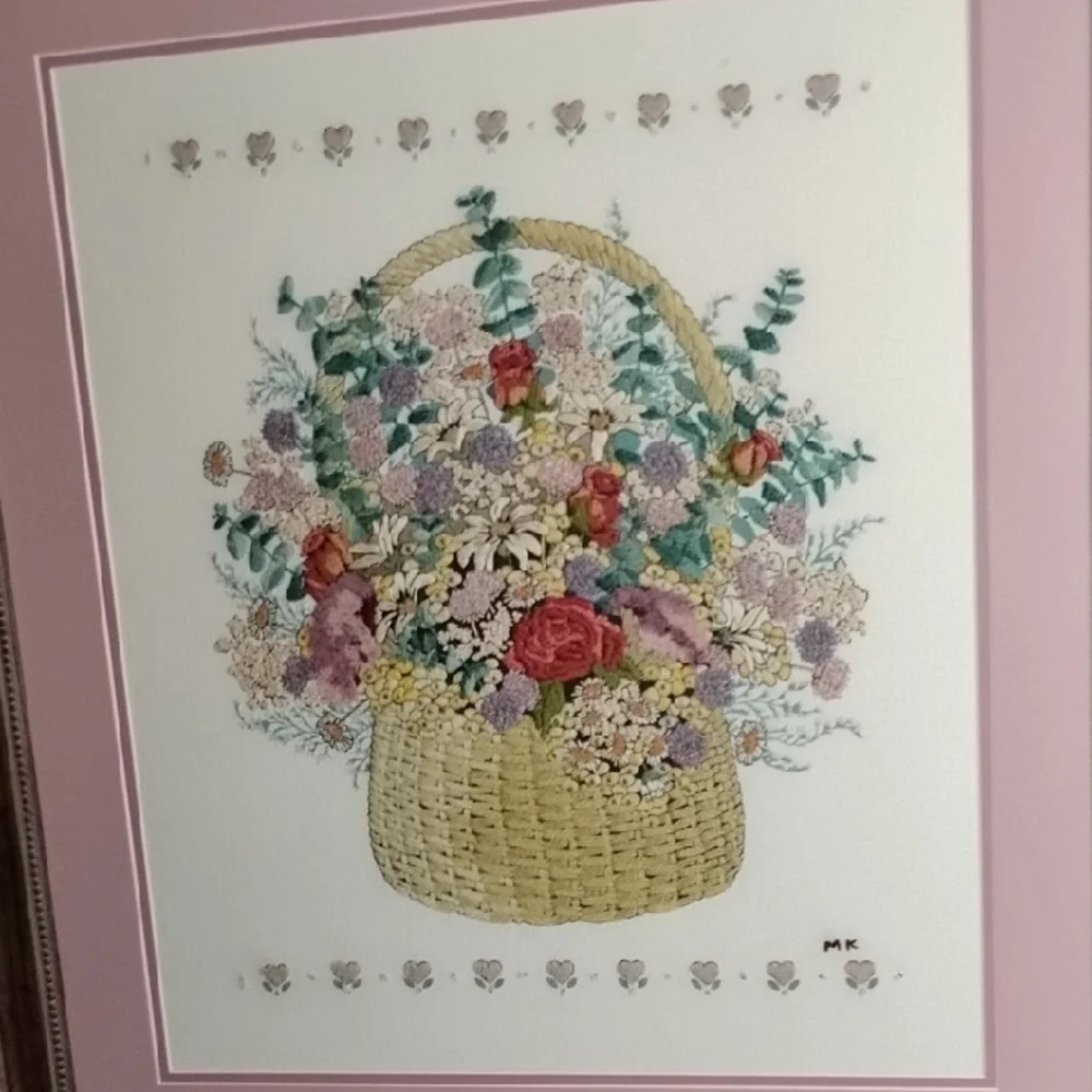 . Vintage Embroidery Framed Floral Wall Art - Flower Basket, Pink Mat, Wood